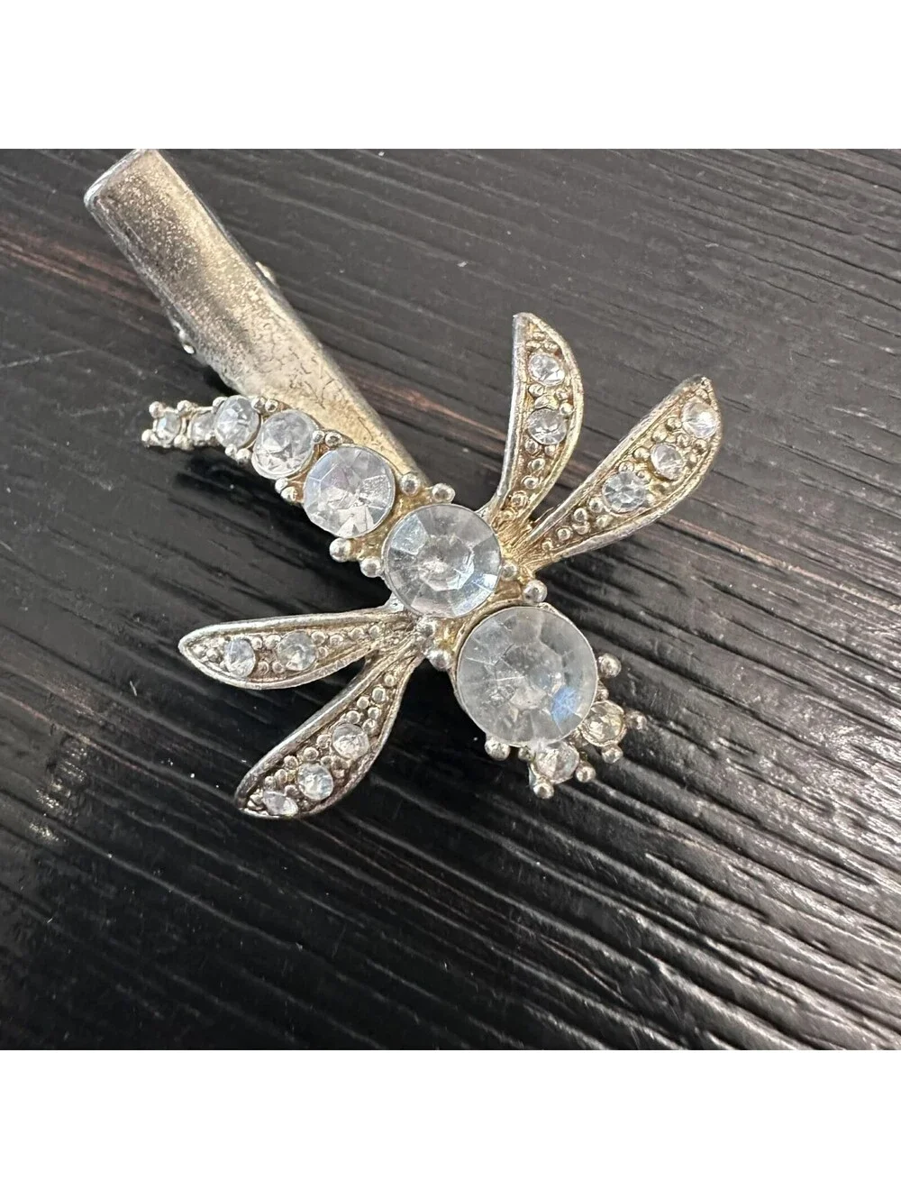 Vintage Dragonfly Blue Rhinestone Barrette Silver ToneHair Clip VGC
